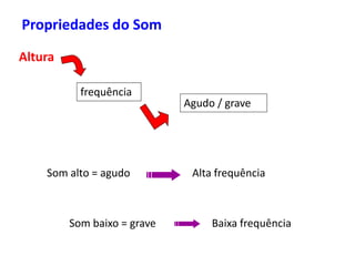 Propriedades do Som
Altura
frequência
Agudo / grave
Som alto = agudo Alta frequência
Som baixo = grave Baixa frequência
 