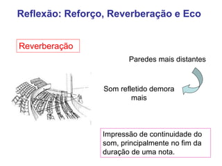 Reflexão: Reforço, Reverberação e Eco
Reverberação
Paredes mais distantes
Som refletido demora
mais
Impressão de continuidade do
som, principalmente no fim da
duração de uma nota.
Reflexão: Reforço, Reverberação e Eco
Reverberação
 