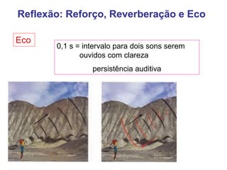 Reflexão: Reforço, Reverberação e Eco
Eco
0,1 s = intervalo para dois sons serem
ouvidos com clareza
persistência auditiva
 