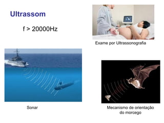Ultrassom
f > 20000Hz
Sonar
Exame por Ultrassonografia
Mecanismo de orientação
do morcego
 