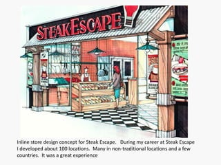 Inline store design concept for Steak Escape. During my career at Steak Escape
I developed about 100 locations. Many in non-traditional locations and a few
countries. It was a great experience
 