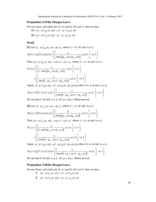 International Journal on Cybernetics & Informatics (IJCI) Vol. 4, No. 1, February 2015
60
Proposition 3.19(De Morgan Laws)
For two fuzzy soft multi sets (F, A) and (G, B) over U, then we have
[1]. ( )( , ) ( , ) ( , ) ( , )
c c c
R RF A G B F A G B=∪ ∩% %
[2]. ( )( , ) ( , ) ( , ) ( , )
c c c
R RF A G B F A G B=∩ ∪% %
Proof.
[1]. Let ( , ) ( , ) ( , ),RF A G B H C=∪% where C A B= ∩ and ,e C∀ ∈
( )
{ }( ) ( )
( ) ( ), ( ) : :
max ( ), ( )
i
F e G e
u
H e F e G e u U i I
u uµ µ
    = = ∈ ∈ 
    
U .
Thus ( )( , ) ( , ) ( , ) ( , ),
c c c
RF A G B H C H C= =∪% where C A B= ∩ and ,e C∀ ∈
{ }( ) ( )
( ) : :
1 max ( ), ( )
c
i
F e G e
u
H e u U i I
u uµ µ
    = ∈ ∈ 
 −   
{ }( ) ( )
: :
min 1 ( ),1 ( )
i
F e G e
u
u U i I
u uµ µ
    = ∈ ∈ 
 − −   
Again, ( )( , ) ( , ) ( , ) ( , ) , ,c c c c
R RF A G B F A G B K D= =∩ ∩% % where D A B= ∩ and ,e D∀ ∈
( )
{ }( ) ( )
( ) ( ), ( ) : : .
min 1 ( ),1 ( )
c c
i
F e G e
u
K e F e G e u U i I
u uµ µ
    = = ∈ ∈ 
 − −   
I
We see that C=D and ,e C∀ ∈ ( ) ( )c
H e K e= . Hence proved.
[2]. Let ( , ) ( , ) ( , ),RF A G B H C∩ =% where C A B= ∩ and ,e C∀ ∈
( )
{ }( ) ( )
( ) ( ), ( ) : :
min ( ), ( )
i
F e G e
u
H e F e G e u U i I
u uµ µ
    = = ∈ ∈ 
    
I .
Thus ( )( , ) ( , ) ( , ) ( , ),
c c c
RF A G B H C H C= =∩% where C A B= ∩ and ,e C∀ ∈
{ }( ) ( )
( ) : :
1 min ( ), ( )
c
i
F e G e
u
H e u U i I
u uµ µ
    = ∈ ∈ 
 −   
{ }( ) ( )
: :
max 1 ( ),1 ( )
i
F e G e
u
u U i I
u uµ µ
    = ∈ ∈ 
 − −   
Again, ( )( , ) ( , ) ( , ) ( , ) , ,c c c c
R RF A G B F A G B K D= =∪ ∪% % where D A B= ∩ and ,e D∀ ∈
( )
{ }( ) ( )
( ) ( ), ( ) : : .
max 1 ( ),1 ( )
c c
i
F e G e
u
K e F e G e u U i I
u uµ µ
    = = ∈ ∈ 
 − −   
U
We see that C=D and ,e C∀ ∈ ( ) ( )c
H e K e= . Hence proved.
Proposition 3.20(De Morgan Laws)
For two fuzzy soft multi sets (F, A) and (G, B) over U, then we have
1. ( )( , ) ( , ) ( , ) ( , )
c c c
E EF A G B F A G B=∪ ∩% %
2. ( )( , ) ( , ) ( , ) ( , )
c c c
E EF A G B F A G B=∩ ∪% %
 