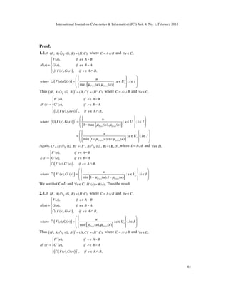 International Journal on Cybernetics & Informatics (IJCI) Vol. 4, No. 1, February 2015
61
Proof.
1. Let ( , ) ( , ) ( , ),EF A G B H C=∪% where C A B= ∪ and ,e C∀ ∈
( )
( ),
( ) ( ),
( ), ( ) , ,
F e if e A B
H e G e if e B A
F e G e if e A B
 ∈ −

= ∈ −

∈ ∩U
( )
{ }( ) ( )
( ), ( ) : :
max ( ), ( )
i
F e G e
u
where F e G e u U i I
u uµ µ
    = ∈ ∈ 
    
U
Thus ( )( , ) ( , ) ( , ) ( , ),
c c c
EF A G B H C H C= =∪% where C A B= ∪ and ,e C∀ ∈
( )( )
( ),
( ) ( ),
( ), ( ) , ,
c
c c
c
F e if e A B
H e G e if e B A
F e G e if e A B
 ∈ −

= ∈ −

∈ ∩ U
( )( )
{ }( ) ( )
( ), ( ) : :
1 max ( ), ( )
c
i
F e G e
u
where F e G e u U i I
u uµ µ
    = ∈ ∈ 
 −   
U
{ }( ) ( )
: :
min 1 ( ),1 ( )
i
F e G e
u
u U i I
u uµ µ
    = ∈ ∈ 
 − −   
Again, ( )( , ) ( , ) ( , ) ( , ) , ,c c c c
E EF A G B F A G B K D= =∩ ∩% % where D A B= ∪ and ,e D∀ ∈
( )
( ),
( ) ( ),
( ), ( ) , ,
c
c
c c
F e if e A B
K e G e if e B A
F e G e if e A B
 ∈ −

= ∈ −

∈ ∩I
( )
{ }( ) ( )
( ), ( ) : :
min 1 ( ),1 ( )
c c
i
F e G e
u
where F e G e u U i I
u uµ µ
    = ∈ ∈ 
 − −   
I
We see that C=D and ,e C∀ ∈ ( ) ( )c
H e K e= . Thus the result.
2. Let ( , ) ( , ) ( , ),EF A G B H C=∩% where C A B= ∪ and ,e C∀ ∈
( )
( ),
( ) ( ),
( ), ( ) , ,
F e if e A B
H e G e if e B A
F e G e if e A B
 ∈ −

= ∈ −

∈ ∩I
( )
{ }( ) ( )
( ), ( ) : :
min ( ), ( )
i
F e G e
u
where F e G e u U i I
u uµ µ
    = ∈ ∈ 
    
I
Thus ( )( , ) ( , ) ( , ) ( , ),
c c c
EF A G B H C H C= =∩% where C A B= ∪ and ,e C∀ ∈
( )( )
( ),
( ) ( ),
( ), ( ) , ,
c
c c
c
F e if e A B
H e G e if e B A
F e G e if e A B
 ∈ −

= ∈ −

∈ ∩ I
 