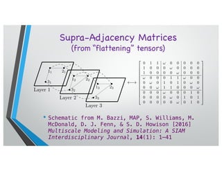 Supra-Adjacency Matrices
(from “flattening” tensors)
• Schematic from M. Bazzi, MAP, S. Williams, M.
McDonald, D. J. Fenn, & S. D. Howison [2016]
Multiscale Modeling and Simulation: A SIAM
Interdisciplinary Journal, 14(1): 1–41
13
Layer 1
11 21
31
Layer 2
12 22
32
Layer 3
13 23
33
!
2
6
6
6
6
6
6
6
6
6
6
6
6
4
0 1 1 ! 0 0 0 0 0
1 0 0 0 ! 0 0 0 0
1 0 0 0 0 ! 0 0 0
! 0 0 0 1 1 ! 0 0
0 ! 0 1 0 1 0 ! 0
0 0 ! 1 1 0 0 0 !
0 0 0 ! 0 0 0 1 0
0 0 0 0 ! 0 1 0 1
0 0 0 0 0 ! 0 1 0
3
7
7
7
7
7
7
7
7
7
7
7
7
5
Fig. 3.1. Example of (left) a multilayer network with unweighted intra-layer connections (solid
lines) and uniformly weighted inter-layer connections (dashed curves) and (right) its corresponding
adjacency matrix. (The adjacency matrix that corresponds to a multilayer network is sometimes
called a “supra-adjacency matrix” in the network-science literature [39].)
or an adjacency matrix to represent a multilayer network.) The generalization in [49]
consists of applying the function in (2.16) to the N|T |-node multilayer network:
N|T | ✓ ◆
 
