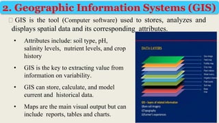 ⮚ GIS is the tool (Computer software) used to stores, analyzes and
displays spatial data and its corresponding attributes.
2. Geographic Information Systems (GIS)
• Attributes include: soil type, pH,
salinity levels, nutrient levels, and crop
history
• GIS is the key to extracting value from
information on variability.
• GIS can store, calculate, and model
current and historical data.
• Maps are the main visual output but can
include reports, tables and charts.
 