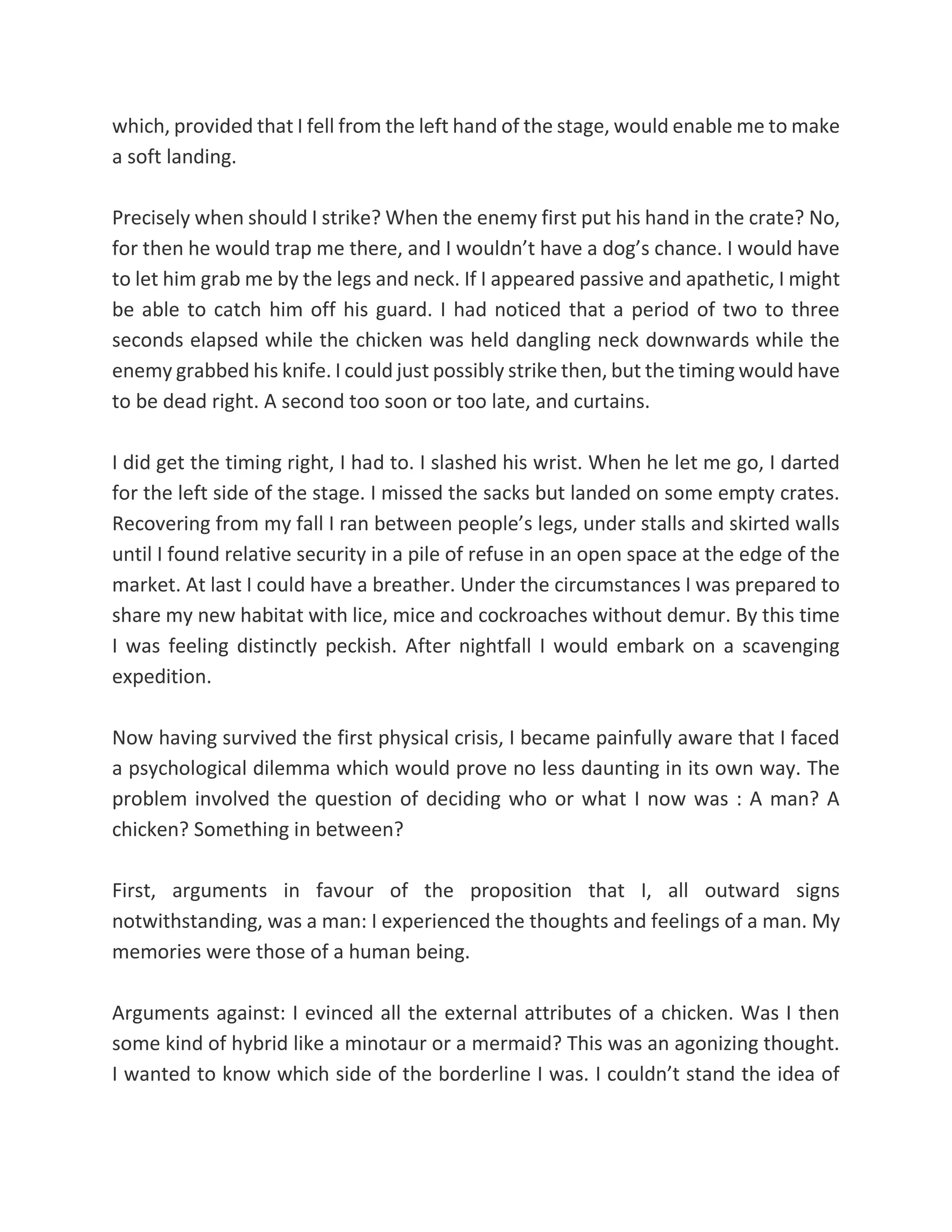 which, provided that I fell from the left hand of the stage, would enable me to make
a soft landing.
Precisely when should I strike? When the enemy first put his hand in the crate? No,
for then he would trap me there, and I wouldn’t have a dog’s chance. I would have
to let him grab me by the legs and neck. If I appeared passive and apathetic, I might
be able to catch him off his guard. I had noticed that a period of two to three
seconds elapsed while the chicken was held dangling neck downwards while the
enemy grabbed his knife. I could just possibly strike then, but the timing would have
to be dead right. A second too soon or too late, and curtains.
I did get the timing right, I had to. I slashed his wrist. When he let me go, I darted
for the left side of the stage. I missed the sacks but landed on some empty crates.
Recovering from my fall I ran between people’s legs, under stalls and skirted walls
until I found relative security in a pile of refuse in an open space at the edge of the
market. At last I could have a breather. Under the circumstances I was prepared to
share my new habitat with lice, mice and cockroaches without demur. By this time
I was feeling distinctly peckish. After nightfall I would embark on a scavenging
expedition.
Now having survived the first physical crisis, I became painfully aware that I faced
a psychological dilemma which would prove no less daunting in its own way. The
problem involved the question of deciding who or what I now was : A man? A
chicken? Something in between?
First, arguments in favour of the proposition that I, all outward signs
notwithstanding, was a man: I experienced the thoughts and feelings of a man. My
memories were those of a human being.
Arguments against: I evinced all the external attributes of a chicken. Was I then
some kind of hybrid like a minotaur or a mermaid? This was an agonizing thought.
I wanted to know which side of the borderline I was. I couldn’t stand the idea of
 