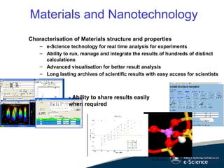 Materials and Nanotechnology Characterisation of Materials structure and properties e-Science technology for real time analysis for experiments Ability to run, manage and integrate the results of hundreds of distinct calculations Advanced visualisation for better result analysis Long lasting archives of scientific results with easy access for scientists - Ability to share results easily when required 