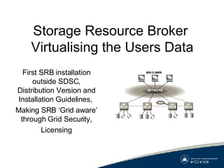 Storage Resource Broker  Virtualising the Users Data First SRB installation outside SDSC, Distribution Version and Installation Guidelines,  Making SRB ‘Grid aware’ through Grid Security, Licensing 