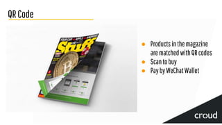 QRCode
● Productsinthemagazine
arematchedwithQRcodes
● Scantobuy
● PaybyWeChatWallet
 