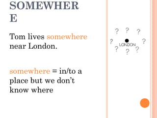 SOMEWHER
E
Tom lives somewhere
near London.
somewhere = in/to a
place but we don’t
know where
 