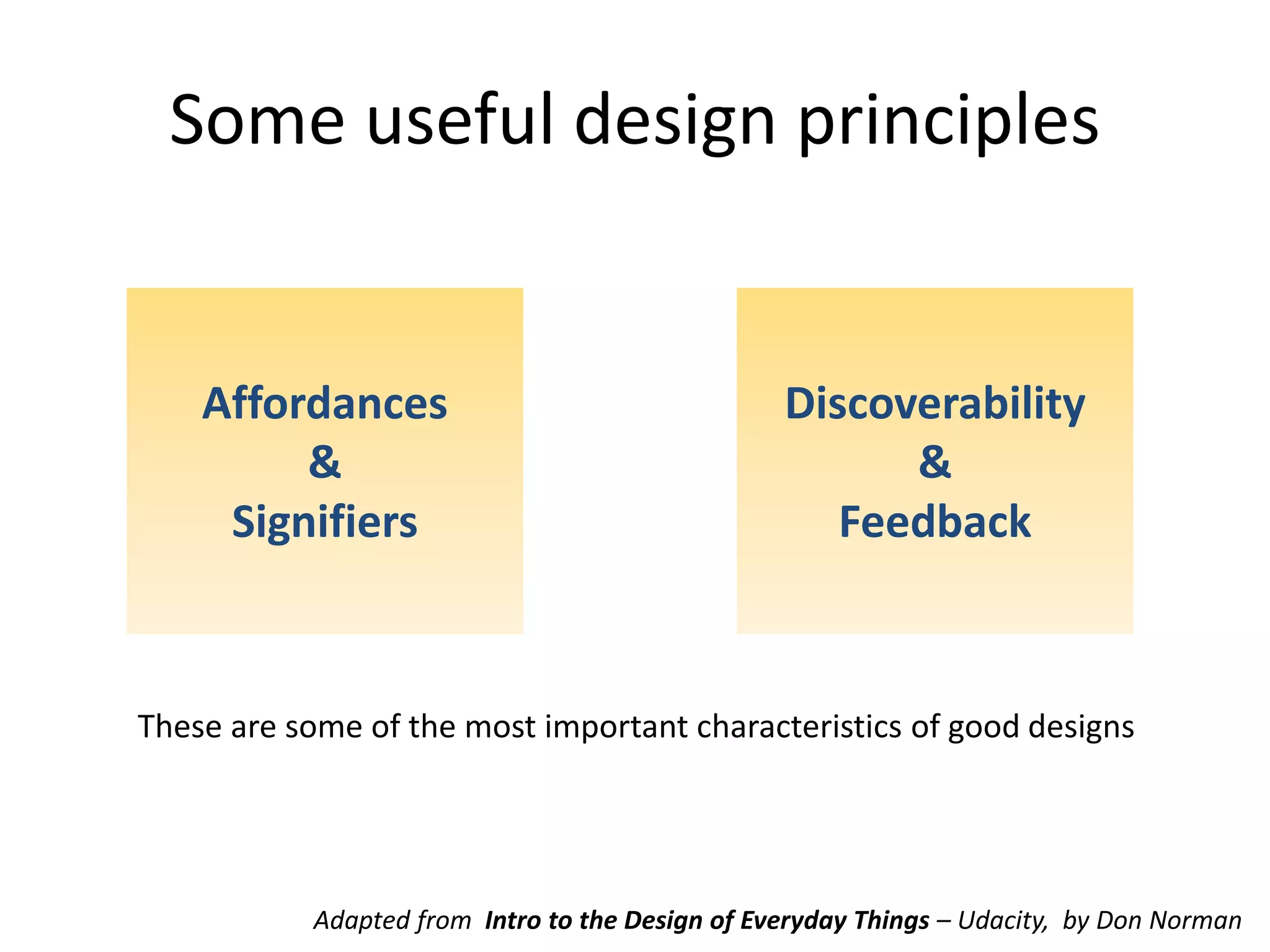 Some useful design principles
Adapted from Intro to the Design of Everyday Things – Udacity, by Don Norman
Affordances
&
Signifiers
Discoverability
&
Feedback
These are some of the most important characteristics of good designs
 