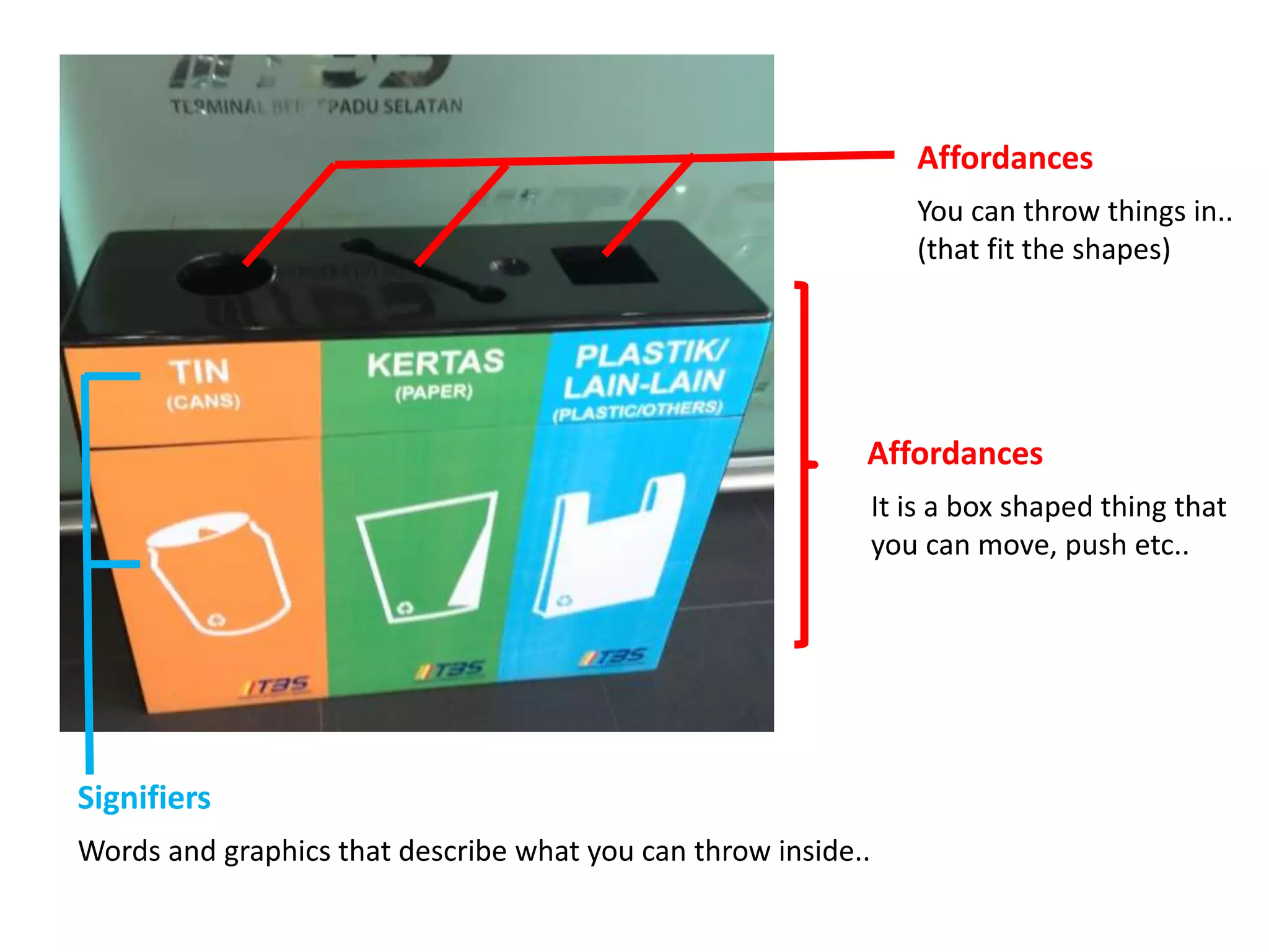 Affordances
Affordances
You can throw things in..
(that fit the shapes)
It is a box shaped thing that
you can move, push etc..
Signifiers
Words and graphics that describe what you can throw inside..
 