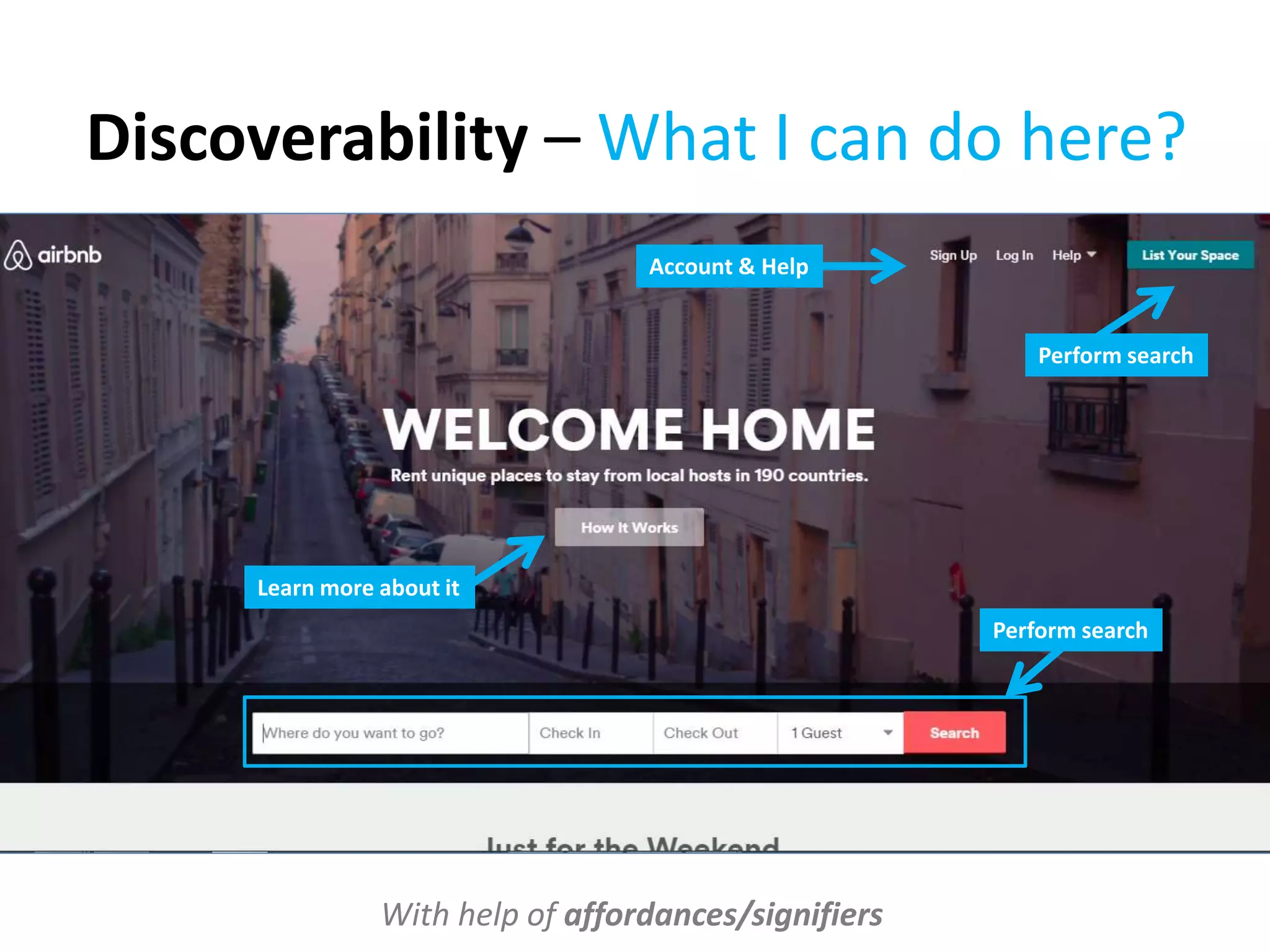 Discoverability – What I can do here?
Learn more about it
Perform search
Room listing
With help of affordances/signifiers
Account & Help
 