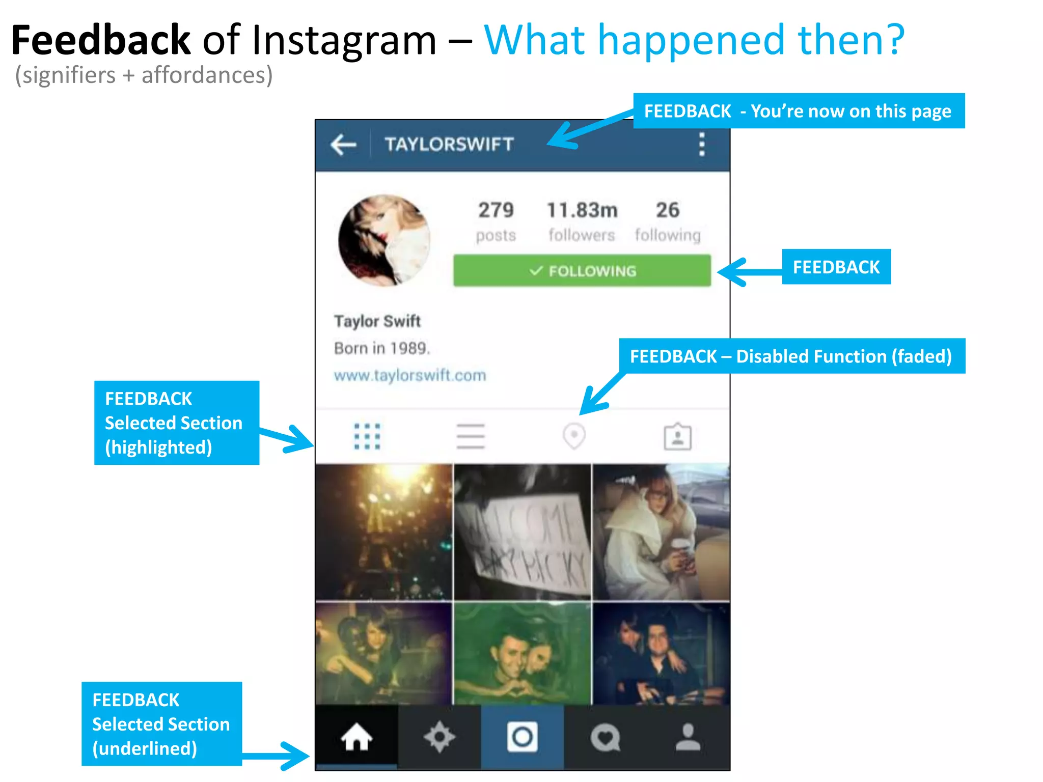 Feedback of Instagram – What happened then?
FEEDBACK
FEEDBACK - You’re now on this page
FEEDBACK
Selected Section
(highlighted)
FEEDBACK
Selected Section
(underlined)
FEEDBACK – Disabled Function (faded)
(signifiers + affordances)
 