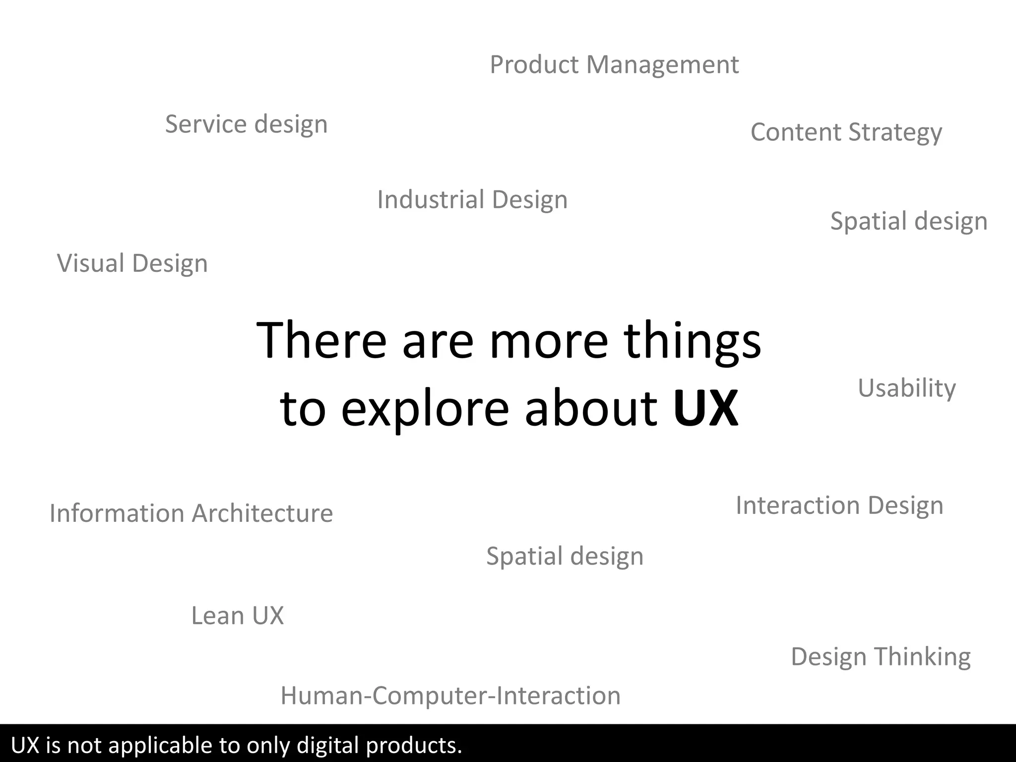 There are more things
to explore about UX
Service design
Spatial design
Information Architecture
Spatial design
Design Thinking
Lean UX
Product Management
Industrial Design
Visual Design
Content Strategy
Human-Computer-Interaction
Usability
Interaction Design
UX is not applicable to only digital products.
 