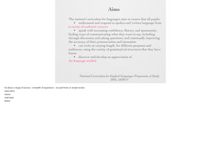 Aim
s

The national curriculum for languages aims to ensure that all
pupils:
• understand and respond to spoken and written language
from a variety of authentic sources
• speak with increasing confidence, fluency and
spontaneity, finding ways of communicating what they want to
say, including through discussion and asking questions, and
continually improving the accuracy of their pronunciation and
intonation
• can write at varying length, for different purposes and
audiences, using the variety of grammatical structures that they
have learnt
• discover and develop an appreciation of a range of writing
in the language studied
National Curriculum for England Languages Programme of Study
DFE, 10/09/13

 
