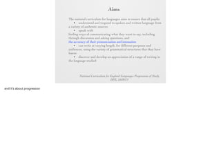 Aim
s

The national curriculum for languages aims to ensure that all
pupils:
• understand and respond to spoken and written language
from a variety of authentic sources
• speak with increasing confidence, fluency and
spontaneity, finding ways of communicating what they want to
say, including through discussion and asking questions, and
continually improving the accuracy of their pronunciation and
intonation
• can write at varying length, for different purposes and
audiences, using the variety of grammatical structures that they
have learnt
• discover and develop an appreciation of a range of writing
in the language studied
National Curriculum for England Languages Programme of Study
DFE, 10/09/13

 
