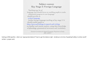 Subject content
Key Stage 2: Foreign Language
Key Stage 2:any modern or ancient foreign
Foreign Language
Teaching may be of

language and should focus on enabling pupils to
make substantial progress in one language. The
teaching should provide an appropriate balance of
spoken and written language and should lay the
foundations for further foreign language teaching at
key stage 3. It should enable pupils to understand
and communicate ideas, facts and feelings in speech
and writing, focused on familiar and routine matters,
using their knowledge of phonology, grammatical
structures and vocabulary.
National Curriculum for England Languages Programme of Study
DFE, 10/09/13

 