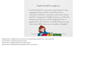 Pupils should be taught to:
• understand basic grammar appropriate to the
language being studied, including (where
relevant): feminine, masculine and neuter
forms and the conjugation of high-frequency
verbs; key features and patterns of the
language; how to apply these, for instance, to
build sentences; and how these differ from or
are similar to English

National Curriculum for England Languages Programme of Study
DFE, 10/09/13

 