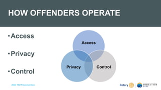 2022 YEO Preconvention
•Access
•Privacy
•Control
HOW OFFENDERS OPERATE
Access
Control
Privacy
 