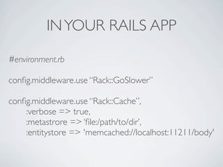 IN YOUR RAILS APP

#environment.rb

conﬁg.middleware.use “Rack::GoSlower”

conﬁg.middleware.use “Rack::Cache”,
    :verbose => true,
    :metastrore => ‘ﬁle:/path/to/dir’,
    :entitystore => 'memcached://localhost:11211/body'
 