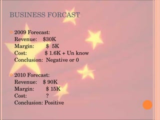 BUSINESS FORCAST 2009 Forecast: Revenue:  $30K Margin:  $  5K Cost:  $ 1.6K + Un know Conclusion:  Negative or 0 2010 Forecast: Revenue:  $ 90K Margin:  $ 15K Cost:  ? Conclusion: Positive 