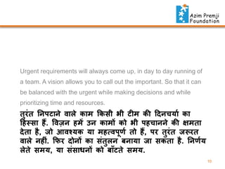 Urgent requirements will always come up, in day to day running of
a team. A vision allows you to call out the important. So that it can
be balanced with the urgent while making decisions and while

prioritizing time and resources.

तरिंत न पटा े िाले काम फकसी भी ट म की हद चयात का
ु
हहथसा हैं. विज़ हमें उ कामों को भी पहचा े की क्षमता
दे ता है , जो आिश्यक या महत्िपूर्त तो हैं, पर तुरिंत जरूरत
िाले ह िं. फफर दो ों का सिंतल ि ाया जा सकता है . न र्तय
ु
लेते समय, या सिंसाध ों को िााँटते समय.
10

 