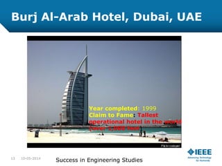 Burj Al-Arab Hotel, Dubai, UAE
Year completed: 1999
Claim to Fame: Tallest
operational hotel in the world
(over 1,000 feet)
10-05-201413
Success in Engineering Studies
 