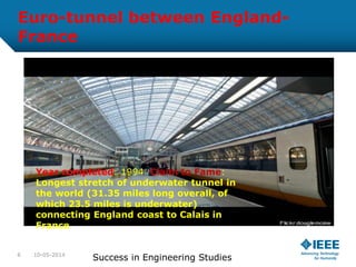 Euro-tunnel between England-
France
Year completed: 1994 Claim to Fame:
Longest stretch of underwater tunnel in
the world (31.35 miles long overall, of
which 23.5 miles is underwater)
connecting England coast to Calais in
France
10-05-20146
Success in Engineering Studies
 