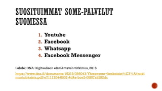 1. Youtube
2. Facebook
3. Whatsapp
4. Facebook Messenger
Lähde: DNA Digitaalisen elämäntavan tutkimus, 2016
https://www.dna.fi/documents/15219/395043/Yhteenveto+keskeisist%C3%A4tutki
mustuloksista.pdf/e7111704-8007-4d4a-bce2-08f07a9282dc
 