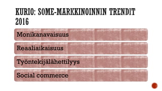 Monikanavaisuus
Reaaliaikaisuus
Työntekijälähettilyys
Social commerce
 