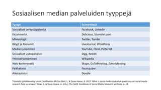 Sosiaalisen median palveluiden tyyppejä
Tyyppi Esimerkkejä
Sosiaaliset verkostopalvelut Facebook, LinkedIn
Kirjanmerkit Delicious, StumbleUpon
Mikroblogit Twitter, Tumblr
Blogit ja foorumit LiveJournal, WordPress
Median jakaminen YouTube, Flickr, Pinterest
Sosiaaliset uutispalvelut Digg, Reddit
Yhteiskirjoittaminen Wikipedia
Web-konferenssit Skype, GoToMeeting, Zoho Meeting
Paikkatieto Foursquare
Aikataulutus Doodle
Tiivistetty ja kääännetty luvun 2 artikkelista McCay-Peet, L. & Quan-Haase, A. 2017. What is social media and what questions can social media
research help us answer? Sloan, L. & Quan-Haase, A. (Eds.), The SAGE Handbook of Social Media Research Methods, p. 18.
 