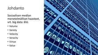 Johdanto
Sosiaalisen median
menetelmälliset haasteet,
vrt. big data: 6Vs
• Volume
• Variety
• Velocity
• Veracity
• Virtue
• Value
 