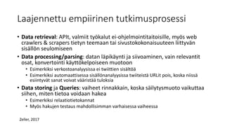 Laajennettu empiirinen tutkimusprosessi
• Data retrieval: APIt, valmiit työkalut ei-ohjelmointitaitoisille, myös web
crawlers & scrapers tietyn teemaan tai sivustokokonaisuuteen liittyvän
sisällön seulomiseen
• Data processing/parsing: datan läpikäynti ja siivoaminen, vain relevantit
osat, konvertointi käyttökelpoiseen muotoon
• Esimerkiksi verkostoanalyysissa ei twiittien sisältöä
• Esimerkiksi automaattisessa sisällönanalyysissa twiiteistä URLit pois, koska niissä
esiintyvät sanat voivat vääristää tuloksia
• Data storing ja Queries: vaiheet rinnakkain, koska säilytysmuoto vaikuttaa
siihen, miten tietoa voidaan hakea
• Esimerkiksi relaatiotietokannat
• Myös hakujen testaus mahdollisimman varhaisessa vaiheessa
Zeller, 2017
 