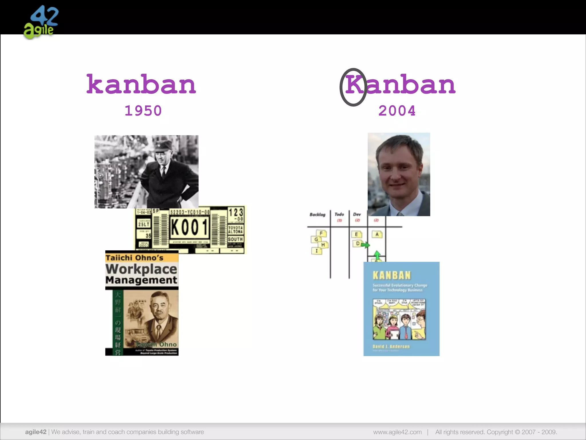 kanban
1950

agile42| |We advise, train and coach companies building software
agile42 The Agile Coaching Company

Kanban
2004

www.agile42.com | All rights reserved. Copyright © 2007 -- 2012.
www.agile42.com | All rights reserved. Copyright © 2007 2009.

 