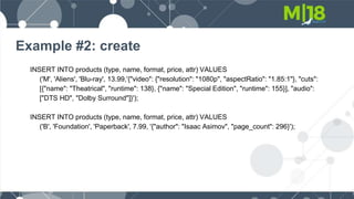 Example #2: create
INSERT INTO products (type, name, format, price, attr) VALUES
('M', 'Aliens', 'Blu-ray', 13.99,'{"video": {"resolution": "1080p", "aspectRatio": "1.85:1"}, "cuts":
[{"name": "Theatrical", "runtime": 138}, {"name": "Special Edition", "runtime": 155}], "audio":
["DTS HD", "Dolby Surround"]}');
INSERT INTO products (type, name, format, price, attr) VALUES
('B', 'Foundation', 'Paperback', 7.99, '{"author": "Isaac Asimov", "page_count": 296}');
 