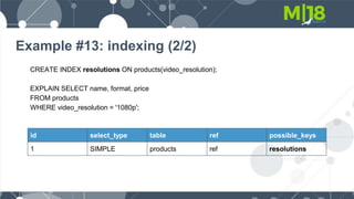 Example #13: indexing (2/2)
CREATE INDEX resolutions ON products(video_resolution);
EXPLAIN SELECT name, format, price
FROM products
WHERE video_resolution = '1080p';
id select_type table ref possible_keys
1 SIMPLE products ref resolutions
 