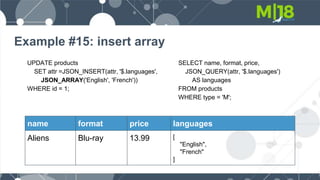 Example #15: insert array
UPDATE products
SET attr =JSON_INSERT(attr, '$.languages',
JSON_ARRAY('English', 'French'))
WHERE id = 1;
SELECT name, format, price,
JSON_QUERY(attr, '$.languages')
AS languages
FROM products
WHERE type = 'M';
name format price languages
Aliens Blu-ray 13.99 [
"English",
"French"
]
 