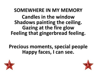 SOMEWHERE IN MY MEMORY
Candles in the window
Shadows painting the ceiling.
Gazing at the fire glow
Feeling that gingerbread feeling.
Precious moments, special people
Happy faces, I can see.
 