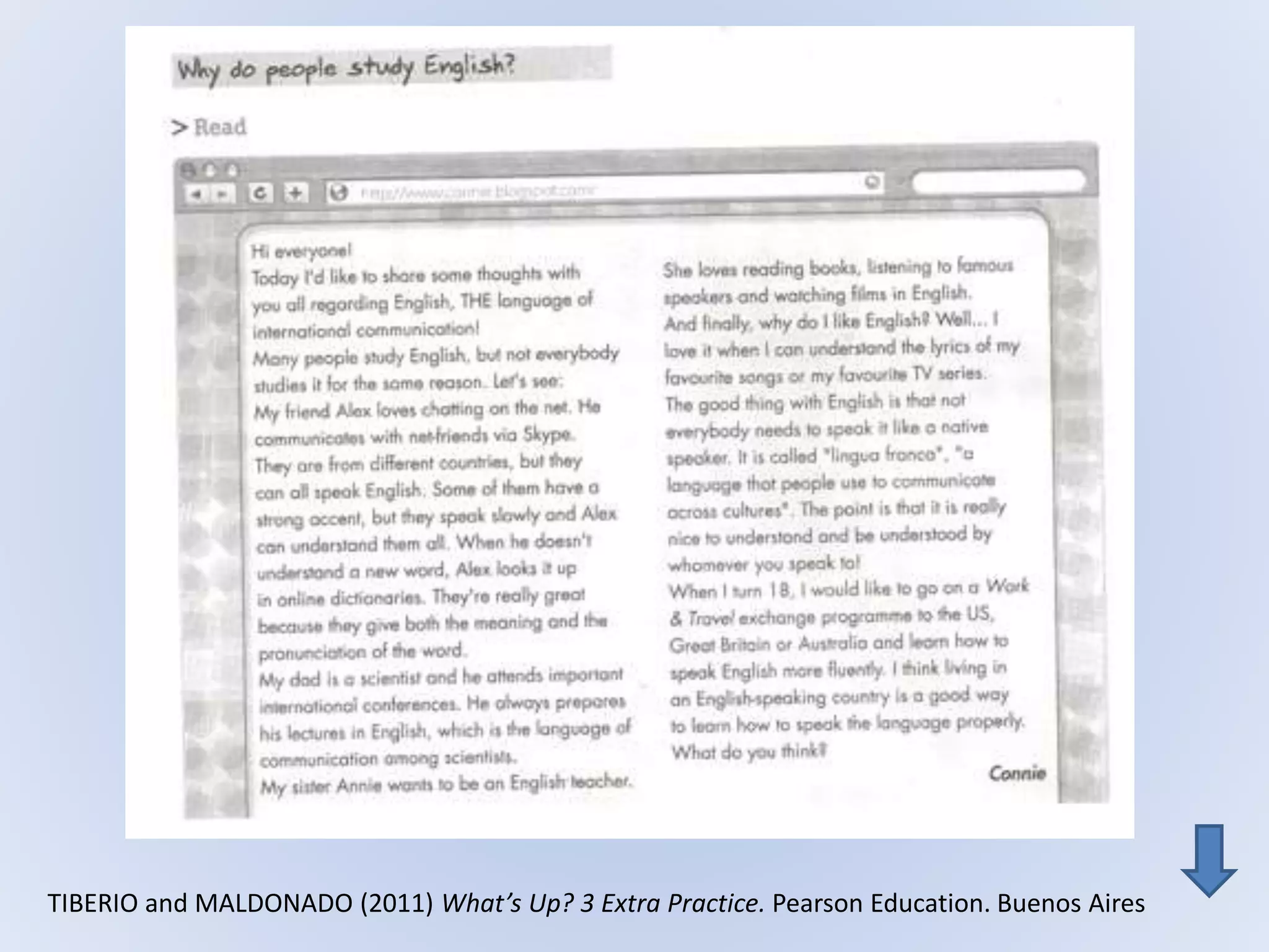 TIBERIO and MALDONADO (2011) What’s Up? 3 Extra Practice. Pearson Education. Buenos Aires
 