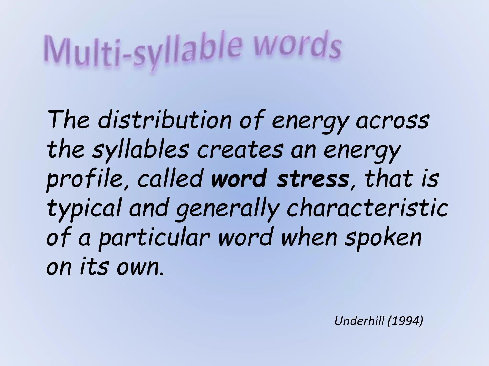 The distribution of energy across
the syllables creates an energy
profile, called word stress, that is
typical and generally characteristic
of a particular word when spoken
on its own.
Underhill (1994)
 