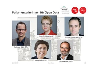 ParlamentarierInnen für Open Data
23.2.2016 Open Data 22
Edith Graf-Litscher (SP)
Kathy Riklin (CVP)
Christian Wasserfallen (FDP)
Balthasar Glättli (GP)
Thomas Weibel (GLP)
 