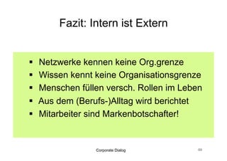 Fazit: Intern ist Extern


  Kommunikationsregeln, Werte definieren
  Interne Basis für Dialog, Kultur, Technik
  Vertrauen in Mitarbeiter/Menschen
  informierte Mitarbeiter sind professioneller
  Medienkompezenz trainieren


                 Corporate Dialog            70
 