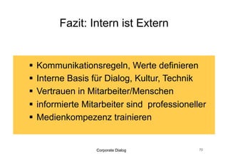 Intern starten (weil wir diese
  Fans ! kennen) aber nicht von
  innen nach aussen denken.




   Corporate Dialog        71
 
