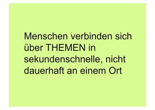 Austausch entsteht, wenn

  Kunden, Mitarbeiter, Unbeteiligte sich äussern
  Menschen Inhalte produzieren, teilen, empfehlen,
   kommentieren
  Wenn auch Nur-Leser, Zuhörer, Zuseher
  Menschen sich über Themen zusammenfinden,
   (sekundenschnell)
  Die ehemalige Botschaft Teil des Dialoges wird
  Wettbewerber Themen teilen !
  Überraschendes entsteht, Witziges, Fragen ...

  Ach ja, wenn geantwortet wird
                   Corporate Dialog             76
 