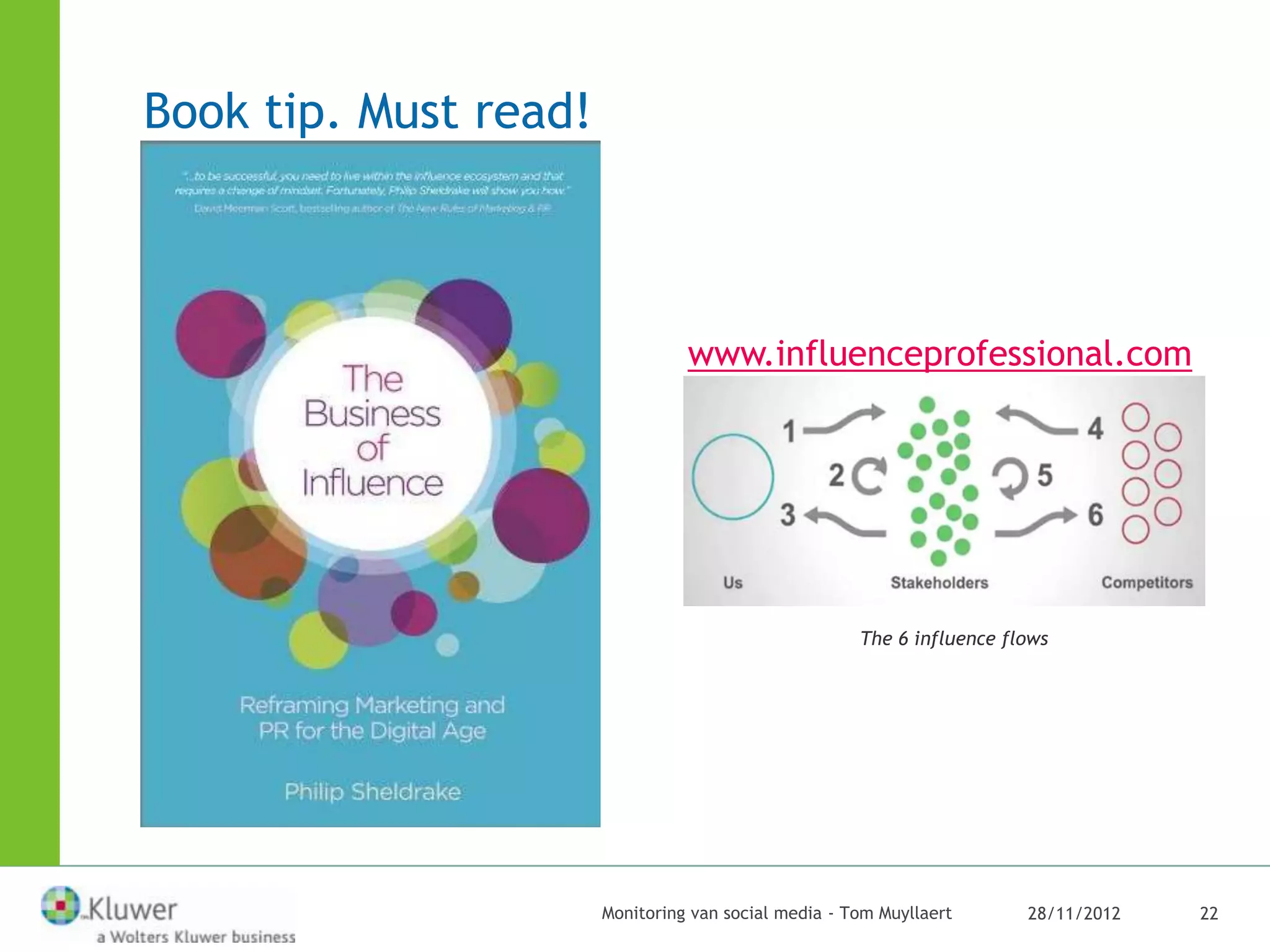 Book tip. Must read!



                                 www.influenceprofessional.com




                                                      The 6 influence flows




                       Monitoring van social media - Tom Muyllaert      28/11/2012   22
 