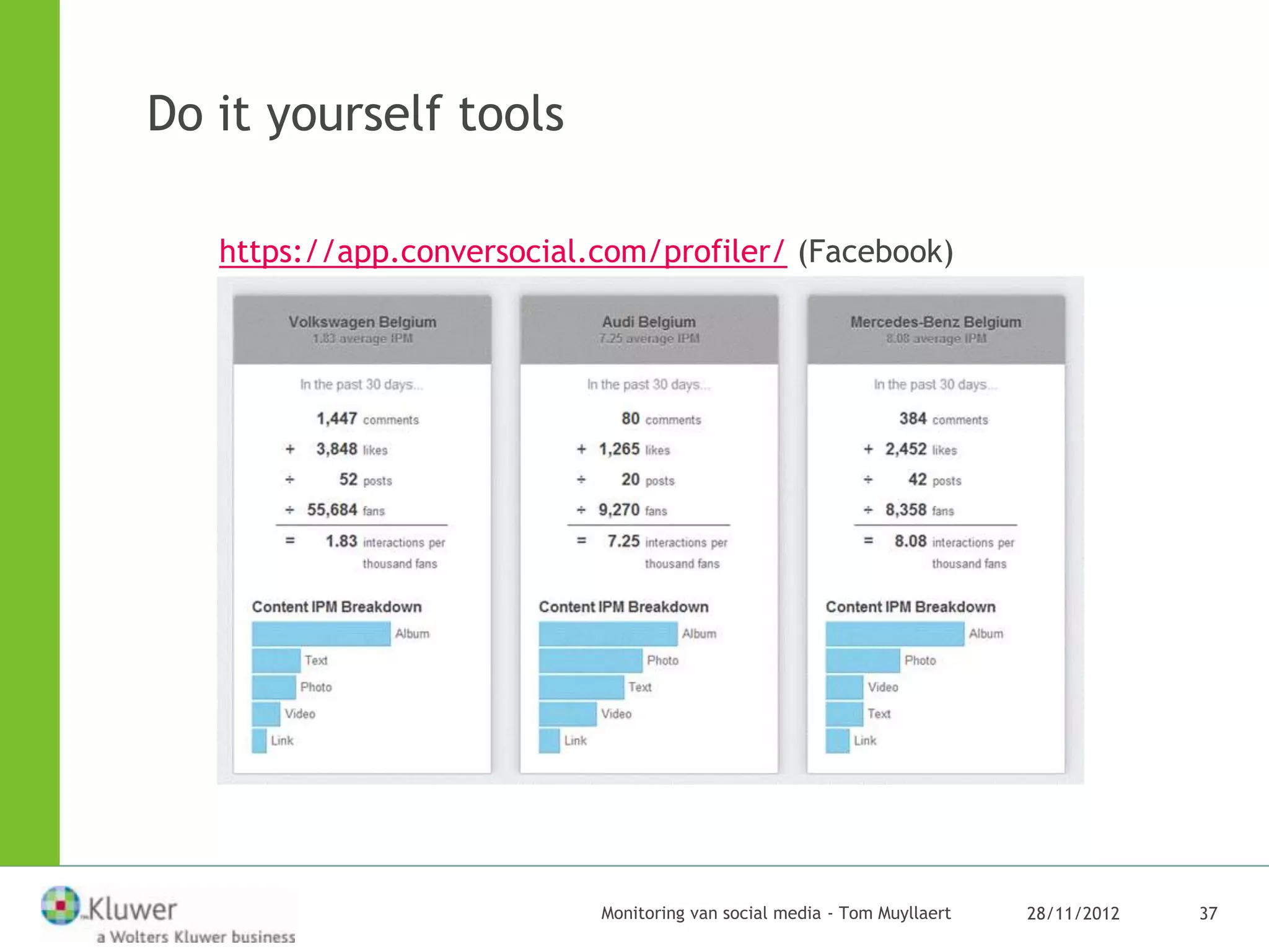 Do it yourself tools

   https://app.conversocial.com/profiler/ (Facebook)




                            Monitoring van social media - Tom Muyllaert   28/11/2012   37
 