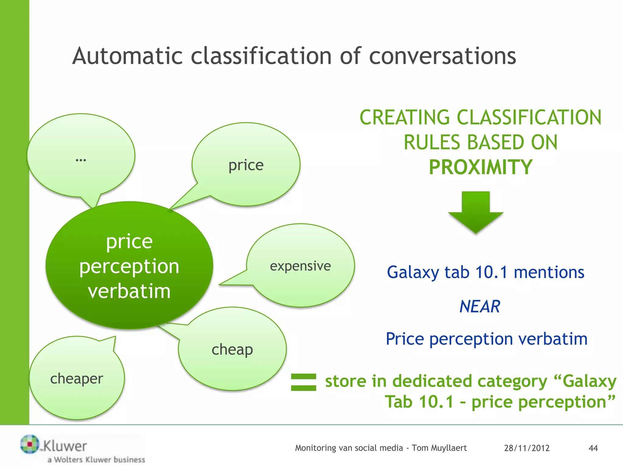 Automatic classification of conversations

                                             CREATING CLASSIFICATION
                                                 RULES BASED ON
   …
                  price                            PROXIMITY


      price
   perception             expensive
                                                   Galaxy tab 10.1 mentions
    verbatim
                                                                      NEAR
                                                   Price perception verbatim
                cheap
cheaper
                            =       store in dedicated category “Galaxy
                                            Tab 10.1 – price perception”

                             Monitoring van social media - Tom Muyllaert     28/11/2012   44
 