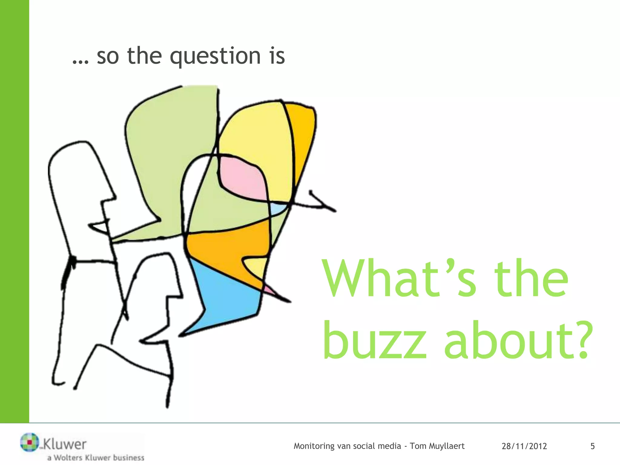… so the question is




                             What’s the
                             buzz about?
                       Monitoring van social media - Tom Muyllaert   28/11/2012   5
 