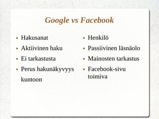 Google vs Facebook
● Hakusanat
● Aktiivinen haku
● Ei tarkastusta
● Perus hakunäkyvyys
kuntoon
● Henkilö
● Passiivinen läsnäolo
● Mainosten tarkastus
● Facebook-sivu
toimiva
 